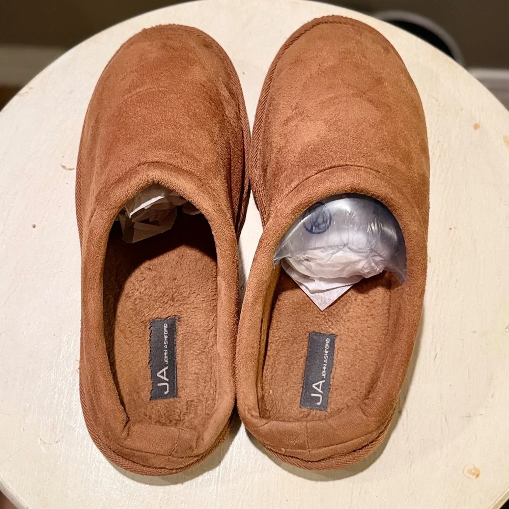 John Ashford Men's Tan Suede Moccasin Slippers XL 11-12‎ Plush Comfort